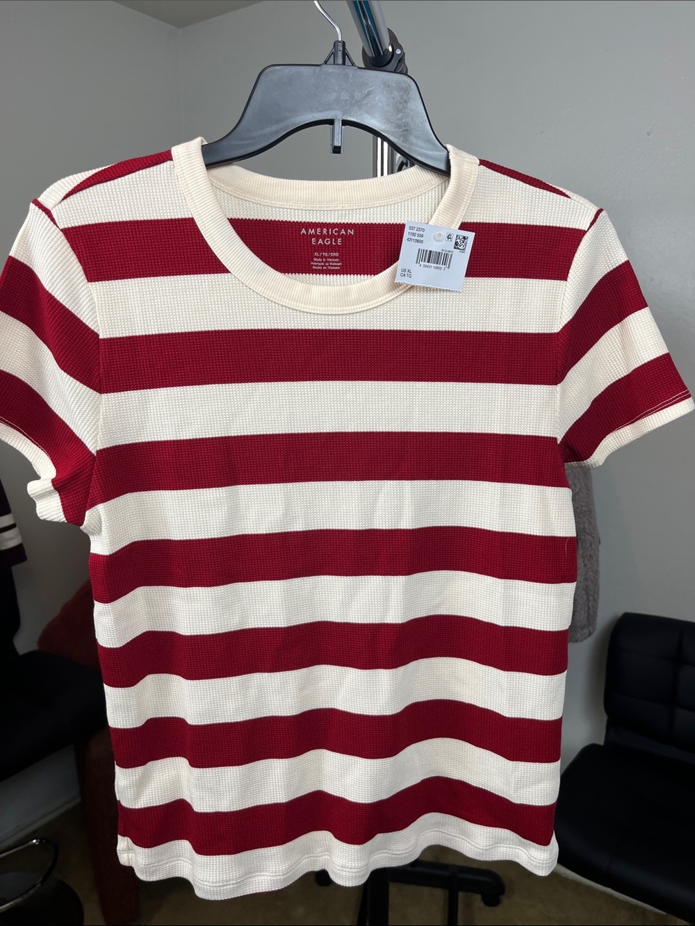 American Eagle Outfitters Red and Cream Striped Short Sleeve Top